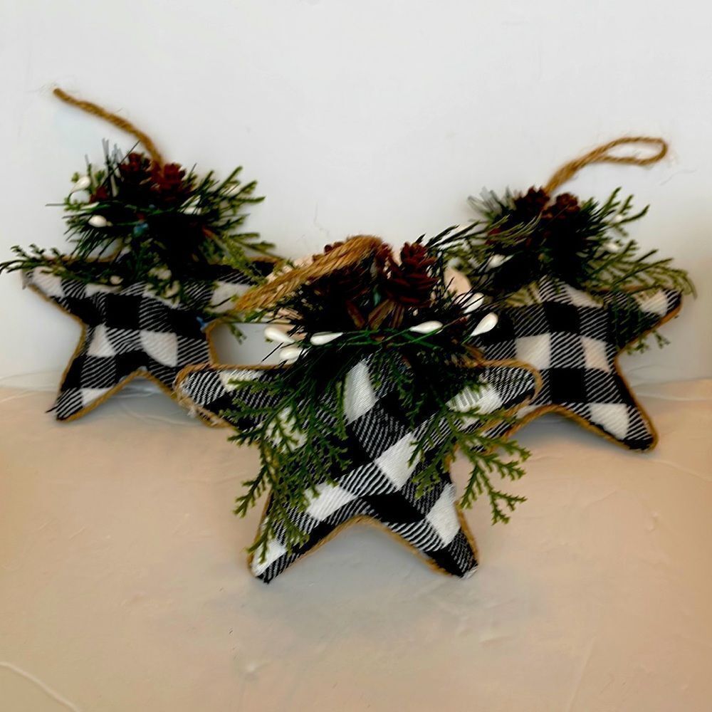 ORNAMENTS SET OF 3 BUFFALO PLAID STAR ORNAMENTS